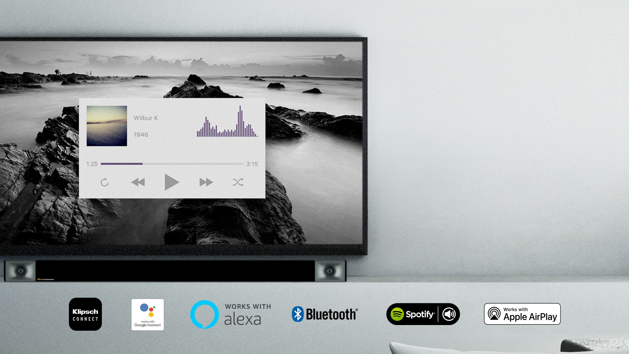 Klipsch Cinema 800 Sound Bar beneath a TV with Klipsch Connect Google Assistant Alexa Bluetooth and Spotify Logos
